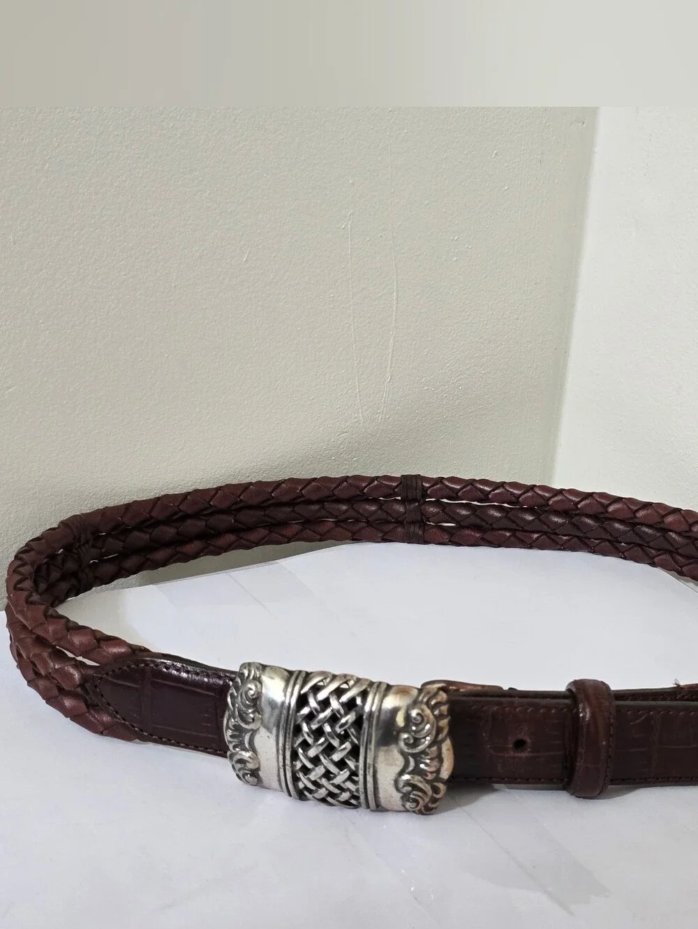 vintage 1995 BRIGHTON size Medium Leather Braided Rope Brown Belt Silver Buckle